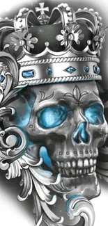 Intricate skull with a crown featuring silver and blue accents on a mobile wallpaper.