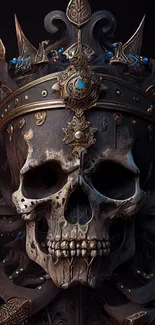 Regal skull with ornate crown and dark background.