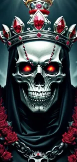 Skull with a jeweled crown and red roses mobile wallpaper.