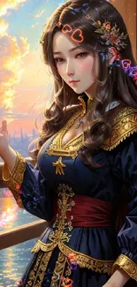 Regal woman in elegant dress at sunset with vibrant golden hues.