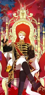 Regal king seated on a decorative throne with vibrant red and blue colors.