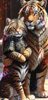 Tigers in regal armor posing in artistic style.