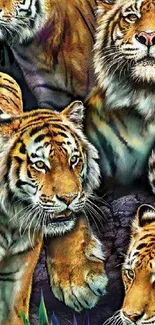 Vibrant wallpaper featuring four tigers in a jungle setting.