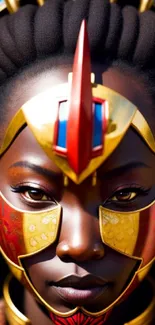 Regal warrior with gold armor and vibrant colors in artistic portrait.