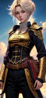 Elegant warrior in gold armor with a serene sky background.