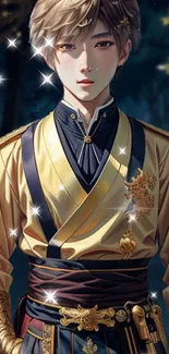 Fantasy art of a regal anime warrior in gold attire, set against a forest backdrop.