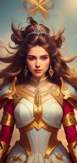 Fantasy warrior princess in golden armor with flowing hair and a vibrant backdrop.