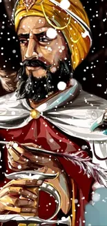 Regal warrior portrait in snowy digital artwork.