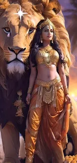 Animated woman warrior and lion by beach.