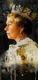 Watercolor portrait of a royal figure with a crown on a black background.