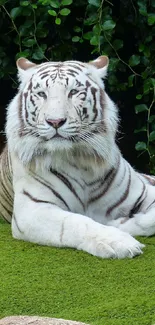 White tiger resting on lush green grass with leafy background.