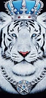 Majestic white tiger with a blue crown and necklace on a dark background.