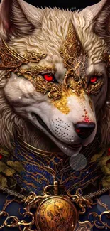 Ornate wolf with golden armor and red roses on black background.