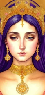 Regal woman with purple headdress and golden crown in vibrant mobile wallpaper.