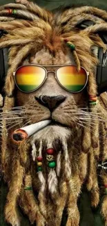 Reggae-themed lion with dreadlocks and sunglasses, wearing headphones.