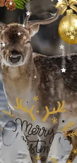 Reindeer with ornaments and Merry Christmas text on snowy background.