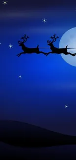 Reindeer silhouette flying across a moonlit night sky.