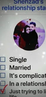 Relationship status wallpaper with couple and checklist.