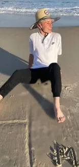 A person enjoying a sunny beach, relaxing in the sand.