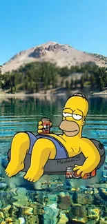 Cartoon character relaxing on lake in scenic mountain setting.