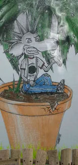 Cartoon wolf relaxing in a plant pot with green leaves.