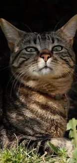 Serene cat enjoying sunlight in a lush green setting.