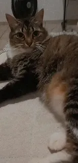 Tabby cat lounging comfortably on a cushioned sofa, creating a cozy home atmosphere.