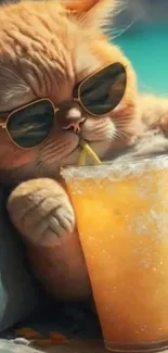 Cute cat with sunglasses sipping a drink by the pool.