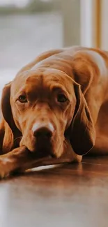 Brown dog lying by the window in soft light.