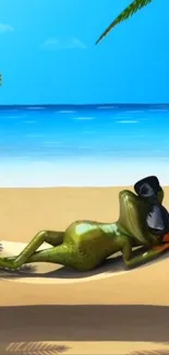 Frog wearing sunglasses relaxing on a tropical beach hammock.