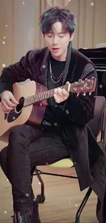 Guitar player in a cozy room setting with soft lighting.