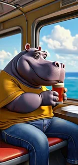Cartoon hippo enjoying a scenic train ride.