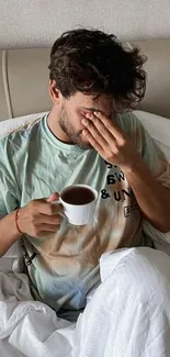 Man enjoying morning coffee in bed, creating a cozy and relaxing vibe.