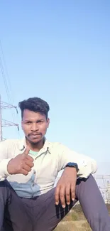 Man sitting outside with clear blue sky