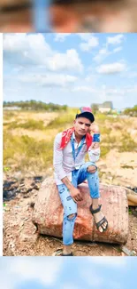 Casual fashion portrait outdoors with a scenic backdrop.