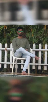 Man sitting outdoors by a fence with greenery background.