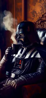 Sith Lord enjoys coffee in a luxurious armchair.