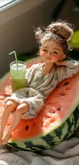 Cute doll relaxing on watermelon with a drink.