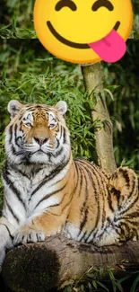 Majestic tiger relaxing in lush jungle with vibrant greenery.