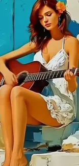 Woman playing acoustic guitar in artistic wallpaper.