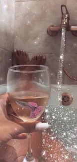 Relaxing bath scene with wine and sparkles in a bathtub setting.