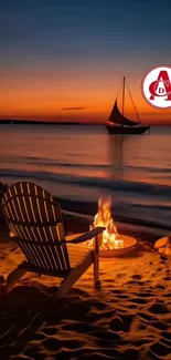 Beach chair by a campfire with sunset backdrop and sailboat.