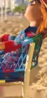 Toy relaxing on a beach chair with sandy background.