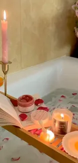 A soothing candlelit bath scene with petals and an open book.