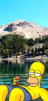 Cartoon character relaxing on a lake with a mountain backdrop.