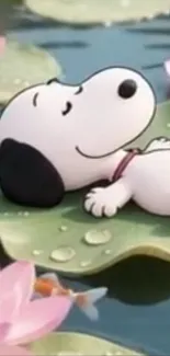 Cartoon character relaxing on a lotus leaf with pink flowers in the background.