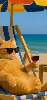 Cat on beach chair with wine and sunglasses