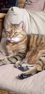 A relaxed cat lounging comfortably on a beige cushioned sofa.