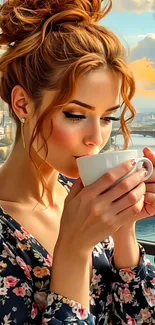 Woman enjoys coffee on a scenic balcony.