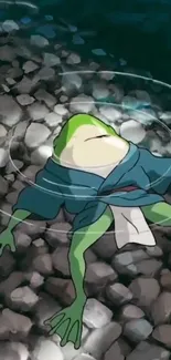 Cartoon frog lying on water in a kimono surrounded by stones.